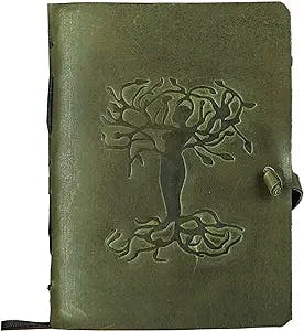 Leather Journal for women and men embossed 8 x 6 inch Handmade Lined craft paper mother earth notebook writing notepad book of shadows journal (Green)